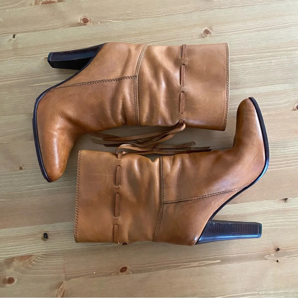 Hana Mackler Cognac 100% Genuine Leather Ankle Boots 8 AA Narrow VTG 80s 4” Heel - Picture 4 of 13